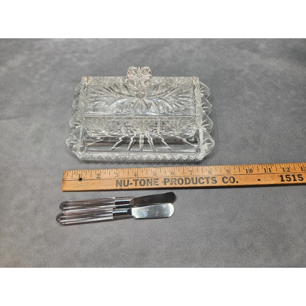 Pressed Glass Butter‎ Dish with Lid and Two Stainless Steel Spreaders Set
